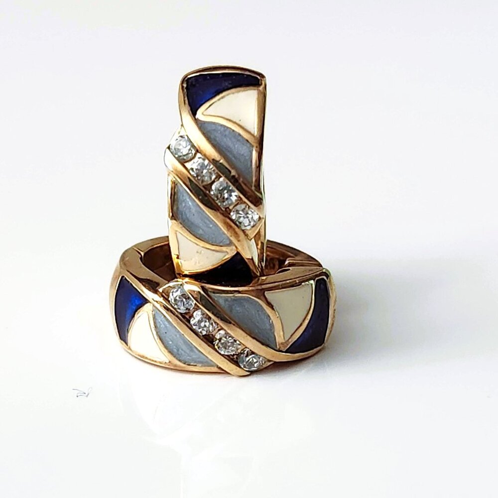 Sterling Silver 925 Gold Plates CZ Crystals Blue Grey Beige Enamel Hoop Earrings
